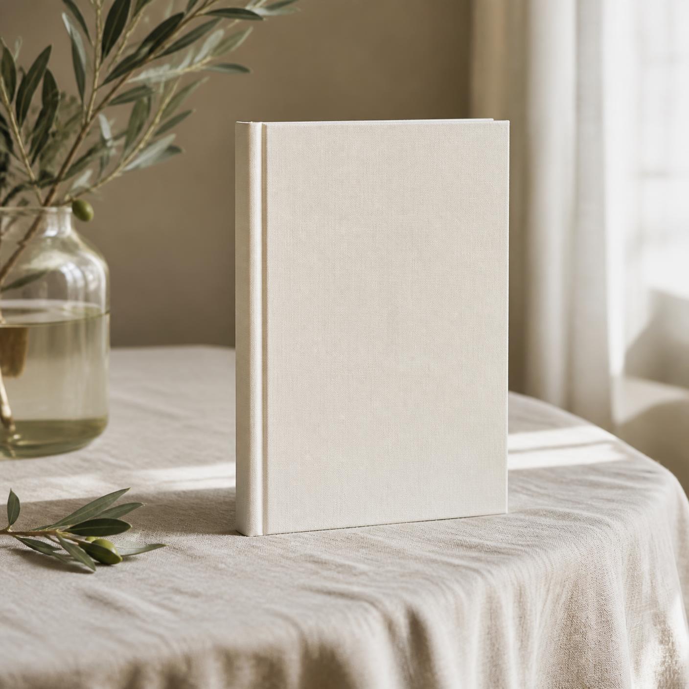 AFTER: The Life Rebuild Journal, a cream linen hardcover journal on a table