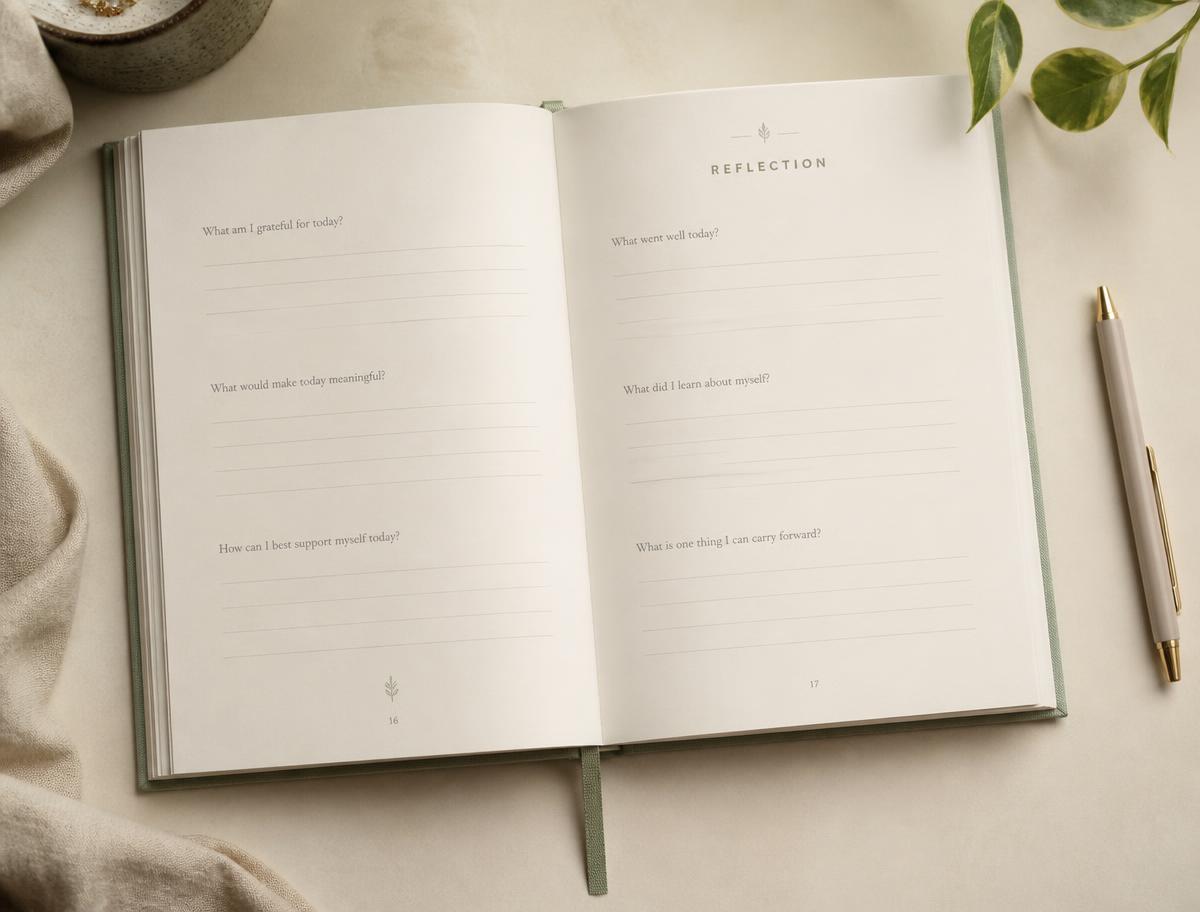 An open spread of the journal showing gentle written prompts