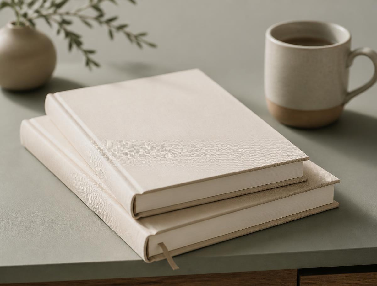 Two copies of the journal stacked on a desk beside a mug